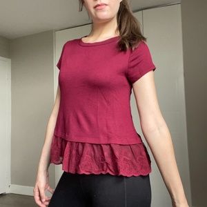 Deep red v neck back with lace trim